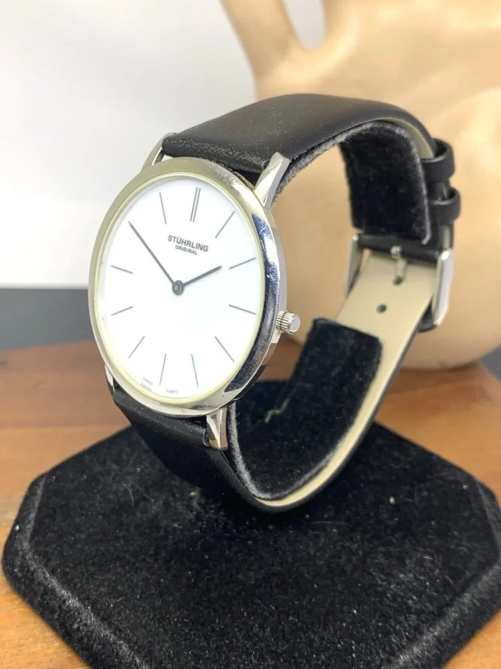 Stuhrling Mens Watch Swiss Quartz White Dial Silver Case Black Leather Band 38mm